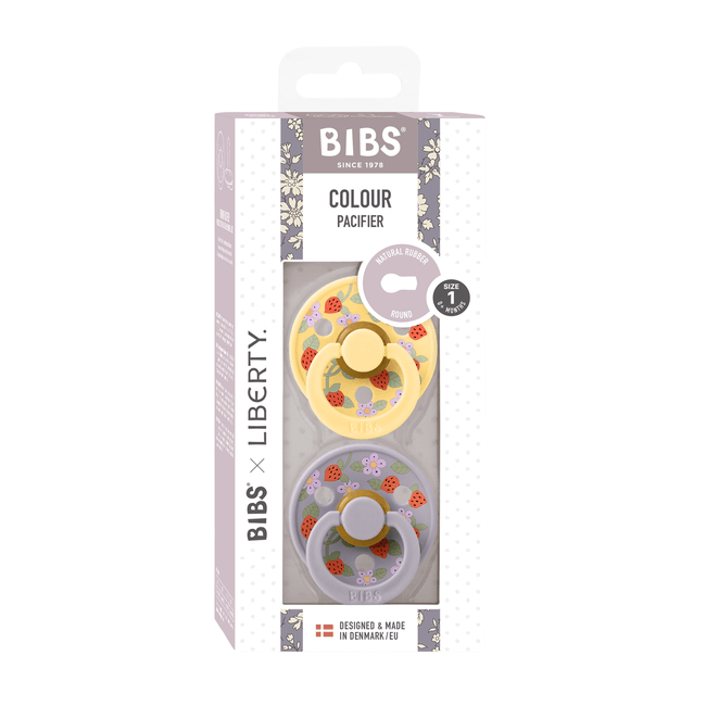 Bibs x liberty - set 2 suzete colour strawberries and cream latex, tetina rotunda, 0 luni+-pale butter/fossil grey bbb11019101