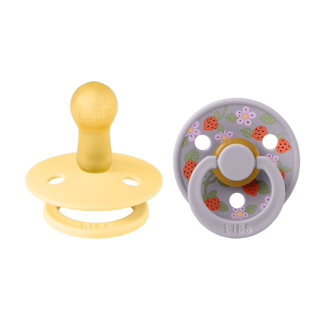 Bibs x liberty - set 2 suzete colour strawberries and cream latex, tetina rotunda, 6 luni+-pale butter/fossil grey bbb12019101