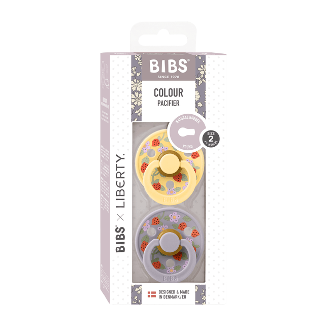 Bibs x liberty - set 2 suzete colour strawberries and cream latex, tetina rotunda, 6 luni+-pale butter/fossil grey bbb12019101