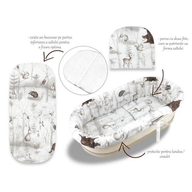 Set pentru landou/cosulet, MimiNu, Cu protectie, saltea si pernuta, Din bumbac certificat Oeko Tex Standard 100, Design, Woodland BYN6426972026789