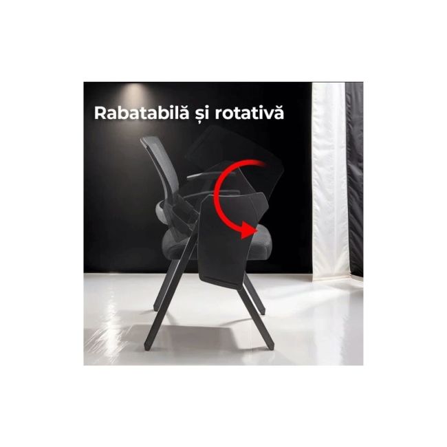Scaun vizitator hrc 603, cu masuta rabatabila, pliabil, ergonomic, mesh, cadru metalic, 120 kg, negru drm10341