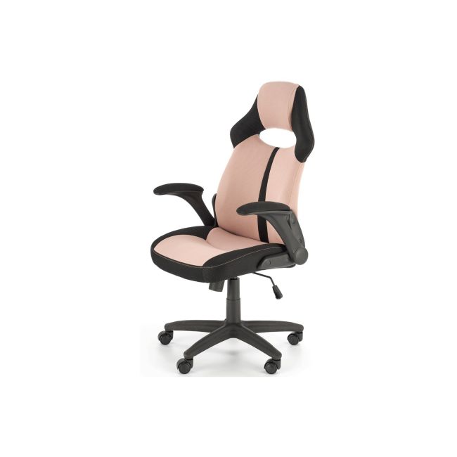 Set birou ergonomic hm julia inaltime reglabila, unghi inclinare ajustabil, cu scaun hm bloom roz/negru, stofa/mesh, 100 kg si dulapior rulant hm nils, cu roti, lemn, natur drm10328