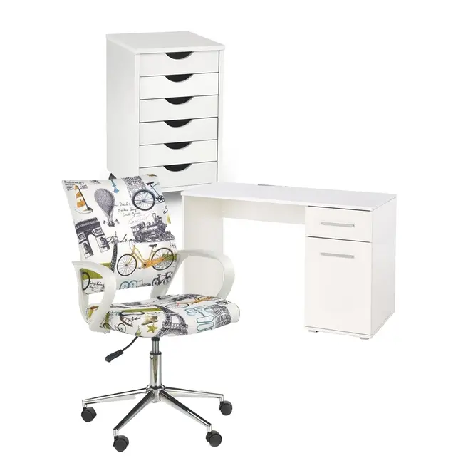 Set mobilier birou copii hm lima b1, pal lucios, spatii depozitare, cu scaun hm ibis paris, stofa, 100 kg si dulapior rulant hm simon 2, cu roti, front mdf, alb drm10334