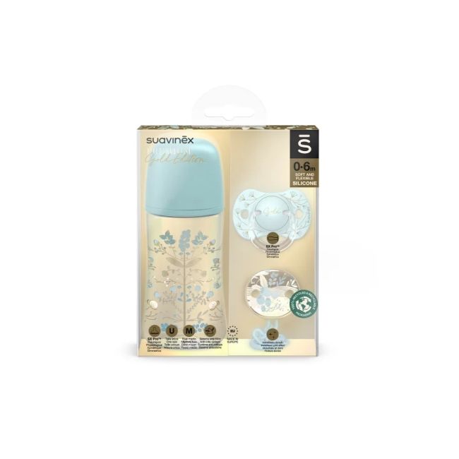 Set biberon 270ml + suzetă 0-6m + lănțișor Albastru Gold Premium JEM8426420080248