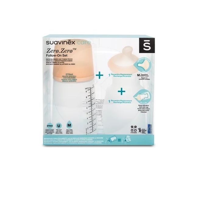 Set biberon anticolici 270 ml + tetină cu debit mediu + săculeț silicon Zero Zero Suavinex JEM8426420067416