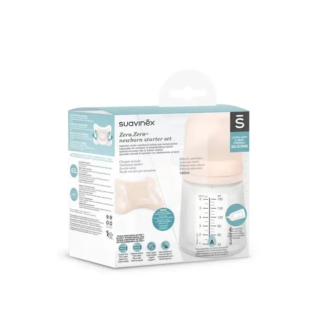 Set de start biberon anticolici 180 ml variabil + Suzetă -2-2 luni Zero Zero Suavinex JEM8426420079235