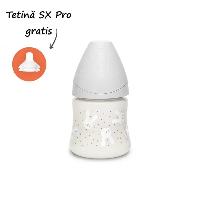 Biberon 150 ml cu tetină rotundă din silicon, debit lent, iepuraș gri Hygge Suavinex JEM8426420069021