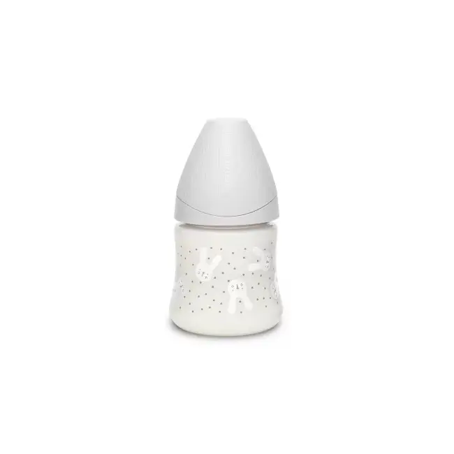 Biberon 150 ml cu tetină rotundă din silicon, debit lent, iepuraș gri Hygge Suavinex JEM8426420069021