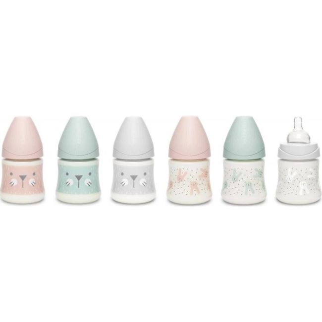 Biberon 150 ml cu tetină rotundă din silicon, debit lent, iepuraș verde Hygge Suavinex JEM8426420069014