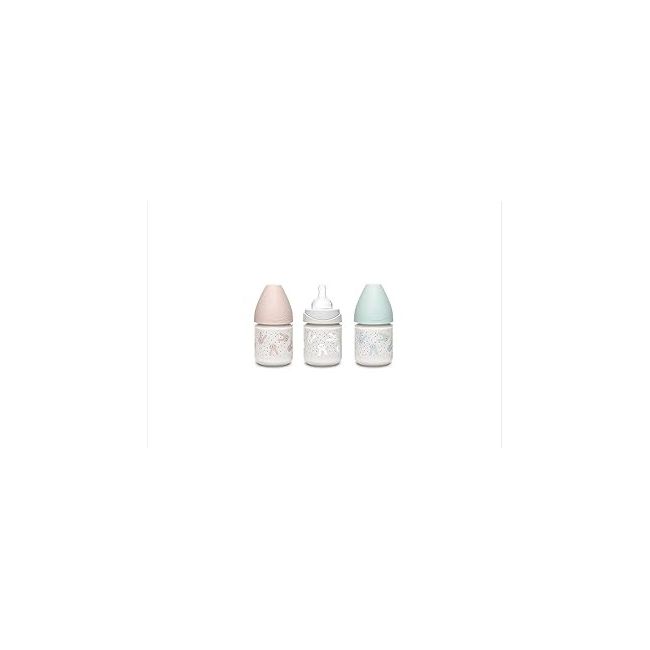 Biberon 150 ml cu tetină rotundă din silicon, debit lent, iepuraș verde Hygge Suavinex JEM8426420069014