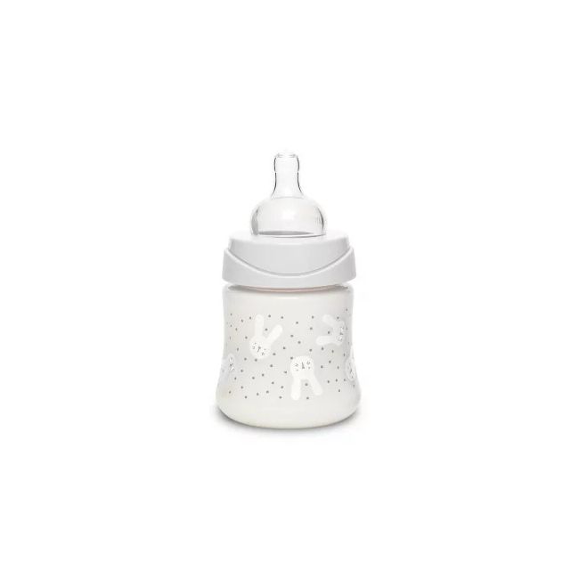 Biberon 150 ml cu tetină rotundă din silicon, debit lent, iepuraș verde Hygge Suavinex JEM8426420069014