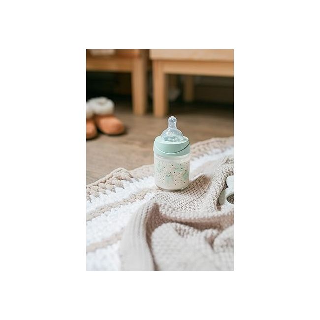 Biberon 150 ml cu tetină rotundă din silicon, debit lent, iepuraș verde Hygge Suavinex JEM8426420069014