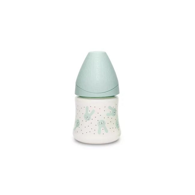 Biberon 150 ml cu tetină rotundă din silicon, debit lent, iepuraș verde Hygge Suavinex JEM8426420069014