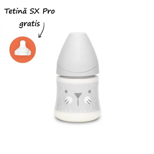Biberon 150 ml cu tetină rotundă din silicon, debit lent, pisică gri Hygge Suavinex JEM8426420069052