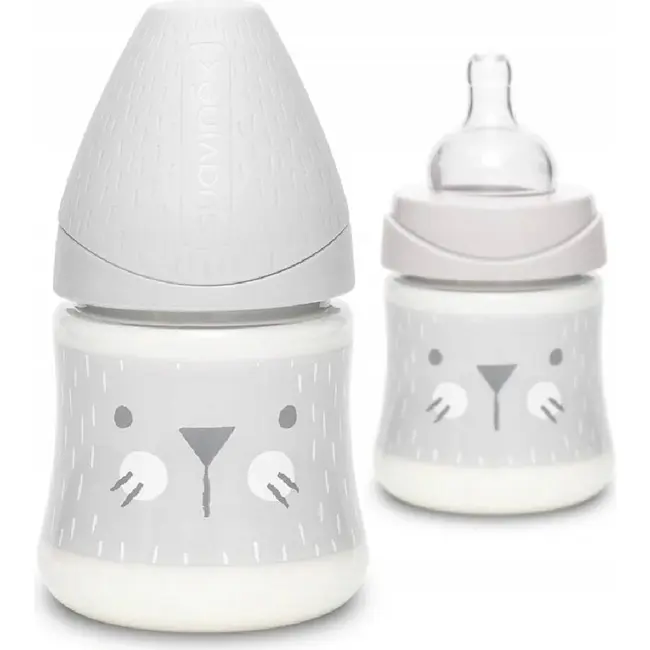 Biberon 150 ml cu tetină rotundă din silicon, debit lent, pisică gri Hygge Suavinex JEM8426420069052