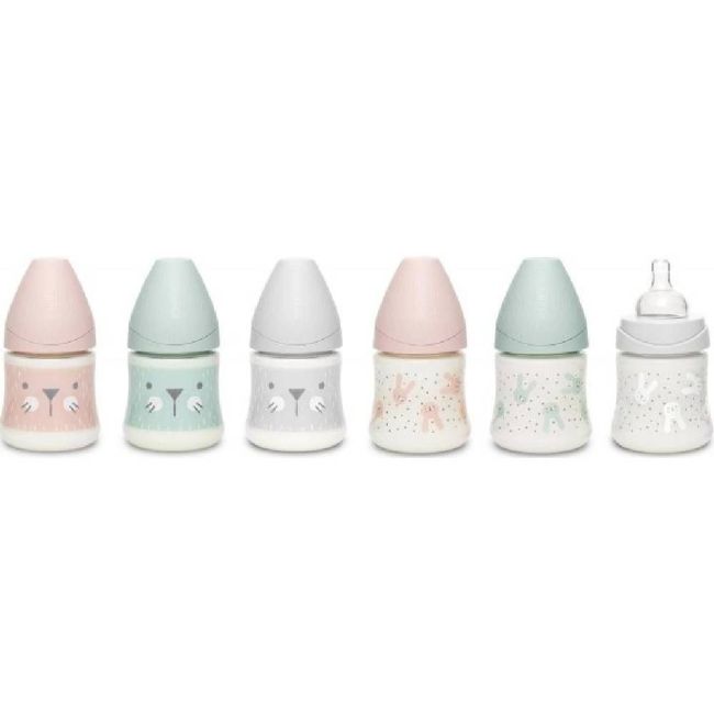 Biberon 150 ml cu tetină rotundă din silicon, debit lent, pisică gri Hygge Suavinex JEM8426420069052