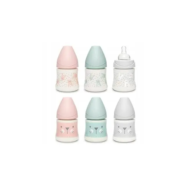 Biberon 150 ml cu tetină rotundă din silicon, debit lent, pisică gri Hygge Suavinex JEM8426420069052