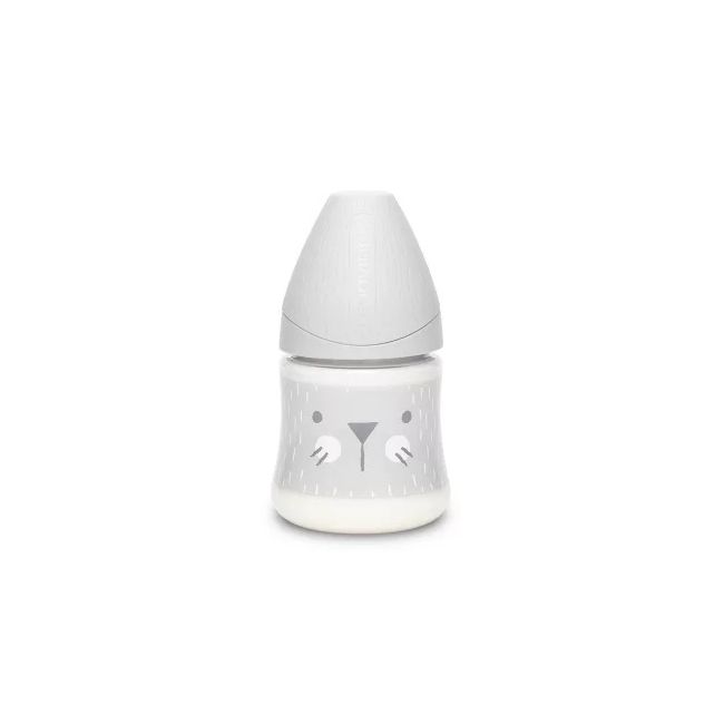 Biberon 150 ml cu tetină rotundă din silicon, debit lent, pisică gri Hygge Suavinex JEM8426420069052