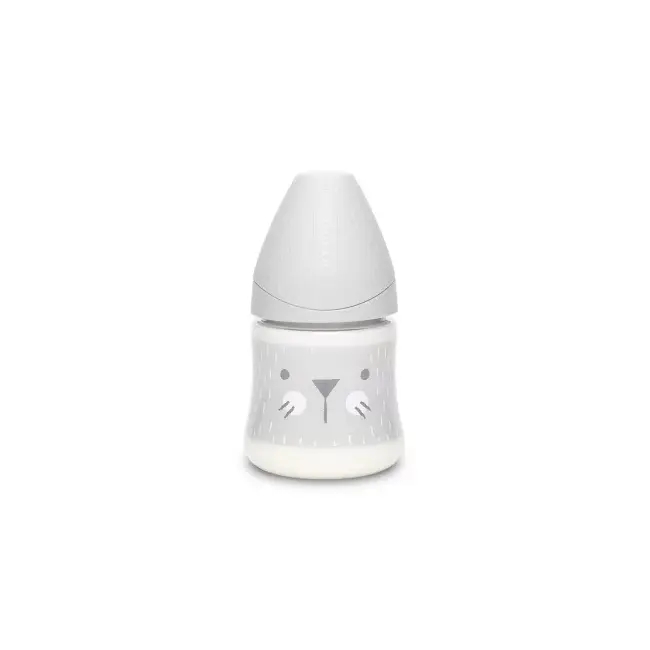 Biberon 150 ml cu tetină rotundă din silicon, debit lent, pisică gri Hygge Suavinex JEM8426420069052