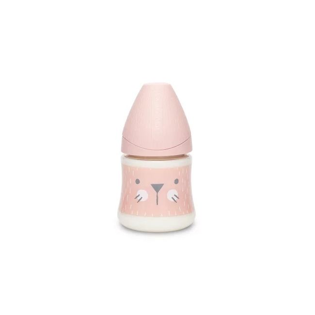 Biberon 150 ml cu tetină rotundă din silicon, debit lent, pisică roz Hygge Suavinex JEM8426420069069