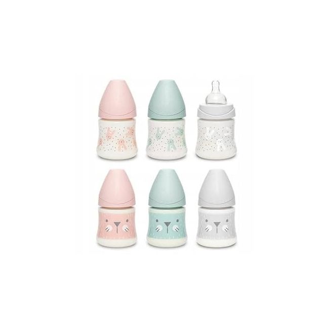 Biberon 150 ml cu tetină rotundă din silicon, debit lent, pisică verde Hygge Suavinex JEM8426420069045