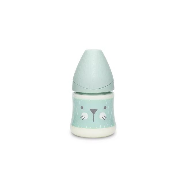Biberon 150 ml cu tetină rotundă din silicon, debit lent, pisică verde Hygge Suavinex JEM8426420069045
