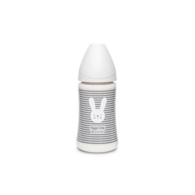 Biberon 270 ml cu tetină rotundă din silicon, 3 fluxuri, iepuraș cu linii gri, Hygge Suavinex JEM8426420069175