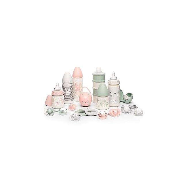 Biberon 270 ml cu tetină rotundă din silicon, 3 fluxuri, iepuraș cu linii gri, Hygge Suavinex JEM8426420069175