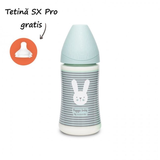 Biberon 270 ml cu tetină rotundă din silicon, 3 fluxuri, iepuraș cu linii verzi, Hygge Suavinex JEM8426420069168