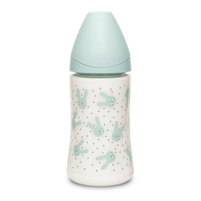 Biberon 270 ml cu tetină rotundă din silicon, 3 fluxuri, iepuraș verde Hygge Suavinex JEM8426420069137