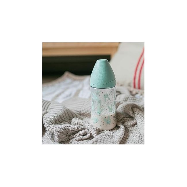 Biberon 270 ml cu tetină rotundă din silicon, 3 fluxuri, iepuraș verde Hygge Suavinex JEM8426420069137