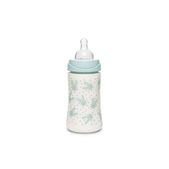Biberon 270 ml cu tetină rotundă din silicon, 3 fluxuri, iepuraș verde Hygge Suavinex JEM8426420069137