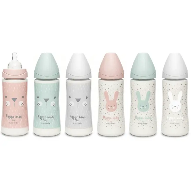 Biberon 360 ml cu tetină rotundă din silicon, debit dens, iepuraș verde Hygge Suavinex JEM8426420069250