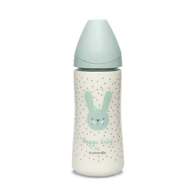 Biberon 360 ml cu tetină rotundă din silicon, debit dens, iepuraș verde Hygge Suavinex JEM8426420069250