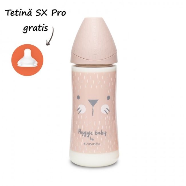 Biberon 360 ml ml cu tetină rotundă din silicon, debit dens, pisică roz Hygge Suavinex JEM8426420069304