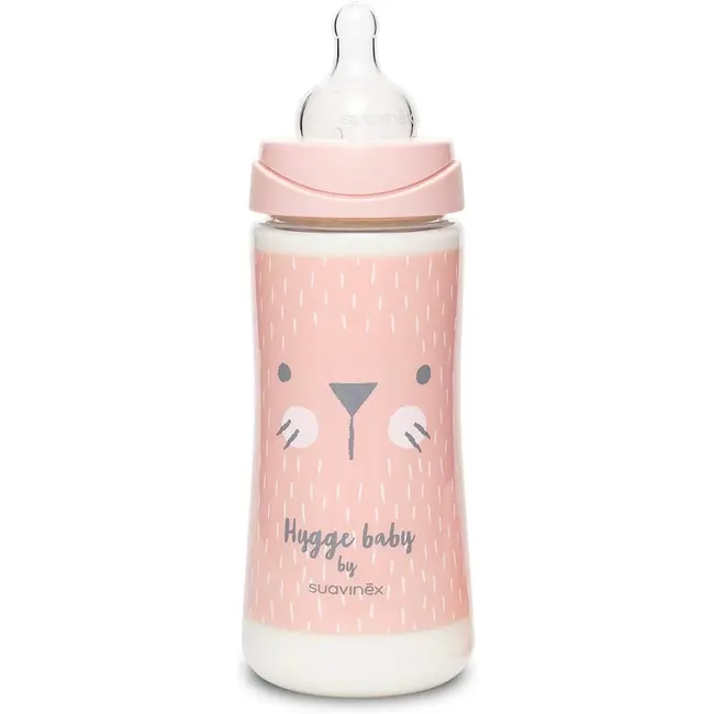 Biberon 360 ml ml cu tetină rotundă din silicon, debit dens, pisică roz Hygge Suavinex JEM8426420069304