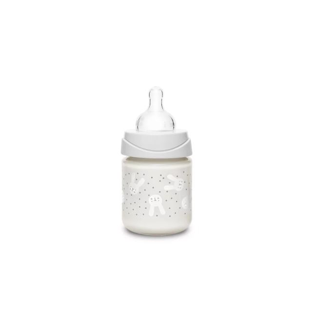 Biberon din sticlă 120 ml cu tetină rotundă din silicon, debit lent, iepuraș verde Hygge Suavinex JEM8426420068772