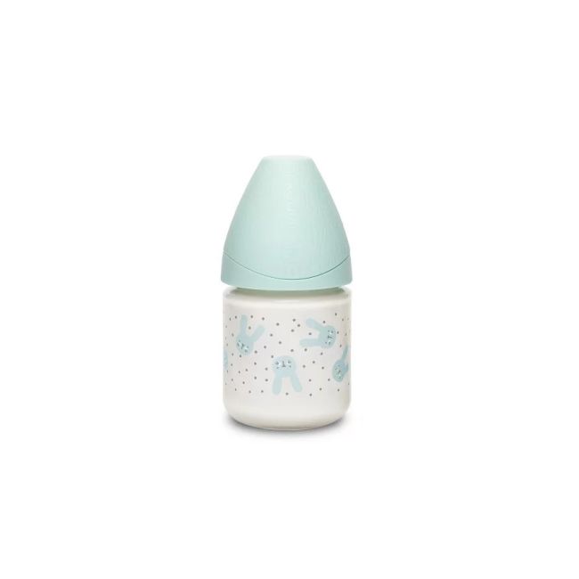 Biberon din sticlă 120 ml cu tetină rotundă din silicon, debit lent, iepuraș verde Hygge Suavinex JEM8426420068772