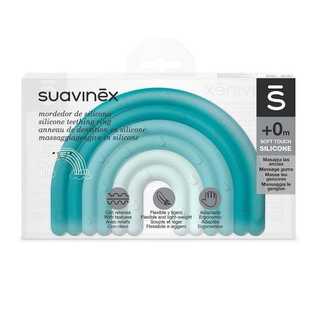 Inel de dentiție din silicon Curcubeu, albastru, Suavinex JEM8426420079501