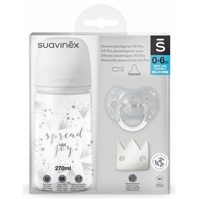 Set Cadou Biberon 270ml + Suzetă 0-6m + Clema Silver Premium, Spread Joy, Suavinex JEM8426420077071