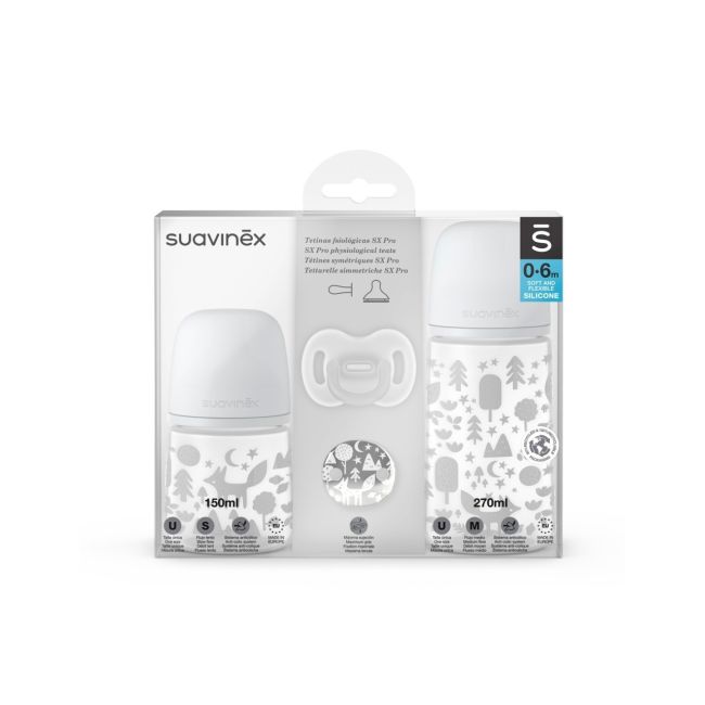 Set Cadou biberon 150 ml + biberon 270 ml + suzetă + lănțișor suzetă Fox, Suavinex JEM8426420077095