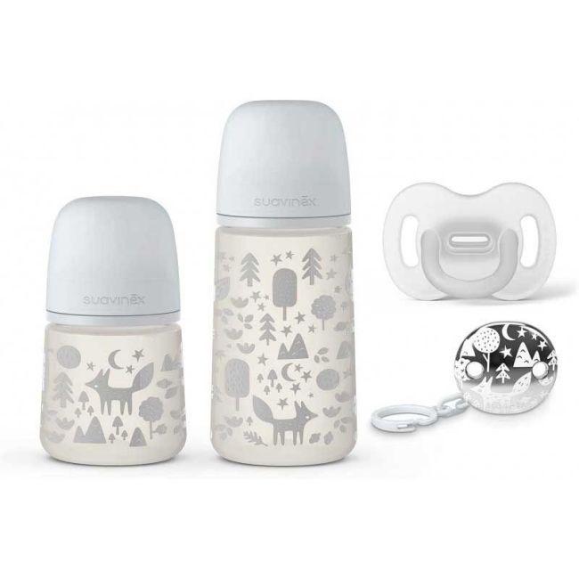 Set Cadou biberon 150 ml + biberon 270 ml + suzetă + lănțișor suzetă Fox, Suavinex JEM8426420077095