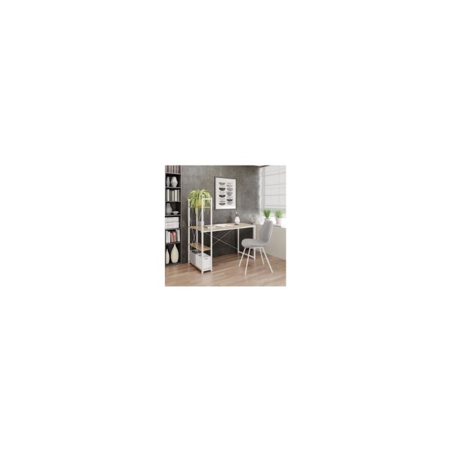 Set birou cu rafturi hm narvik b1, cadru metalic, pal melaminat, 120x64x120 cm, stejar sonoma/alb si scaun birou hm matrix, ergonomic, stofa/piele ecologica, 100 kg, negru/roz drm10356