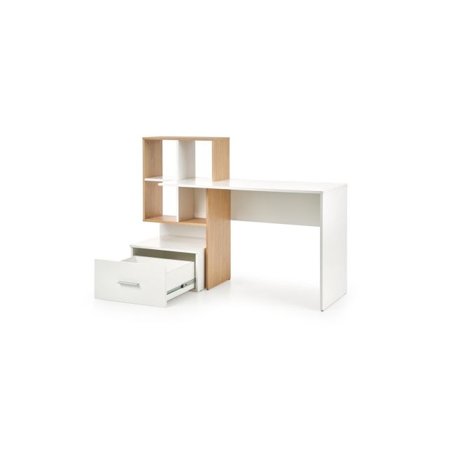 Set birou cu spatii depozitare hm grosso, rafturi, sertar, pal melaminat, 149x50x105 cm, stejar auriu/alb si scaun copii hm ibis paris, ergonomic, cadru cromat, stofa, 100 kg, multicolor drm10352