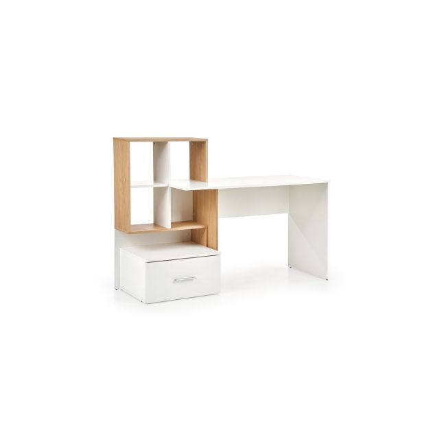 Set birou cu spatii depozitare hm grosso, rafturi, sertar, pal melaminat, 149x50x105 cm, stejar auriu/alb si scaun copii hm ibis paris, ergonomic, cadru cromat, stofa, 100 kg, multicolor drm10352