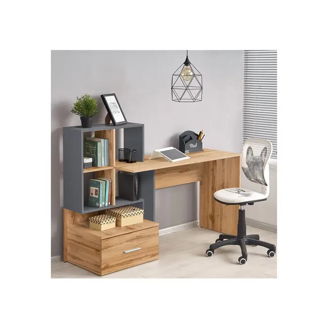 Set birou cu spatii depozitare hm grosso, rafturi, sertar, pal melaminat, 149x50x105 cm, stejar auriu/antracit si scaun copii hm rico, ergonomic, stofa tip catifea, 100 kg, gri drm10351