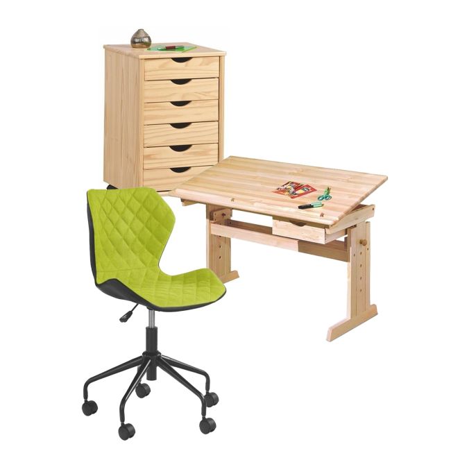 Set birou ergonomic hm julia inaltime reglabila, unghi inclinare ajustabil, cu scaun hm matrix negru/verde, stofa, 100 kg si dulapior rulant hm nils, cu roti, lemn, natur drm10329
