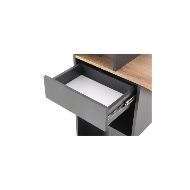 Set birou hm conti, rafturi, sertar, pal melaminat, 122x57x90 cm, stejar/gri si scaun pentru copii hm coco, piele ecologica, inaltime reglabila, 80 kg, alb drm10346