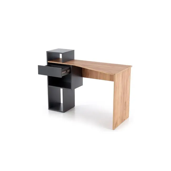 Set birou hm conti, rafturi, sertar, pal melaminat, 122x57x90 cm, stejar/gri si scaun pentru copii hm coco, piele ecologica, inaltime reglabila, 80 kg, alb drm10346