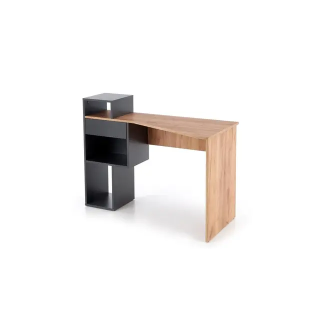 Set birou hm conti, rafturi, sertar, pal melaminat, 122x57x90 cm, stejar/gri si scaun pentru copii hm coco, piele ecologica, inaltime reglabila, 80 kg, alb drm10346